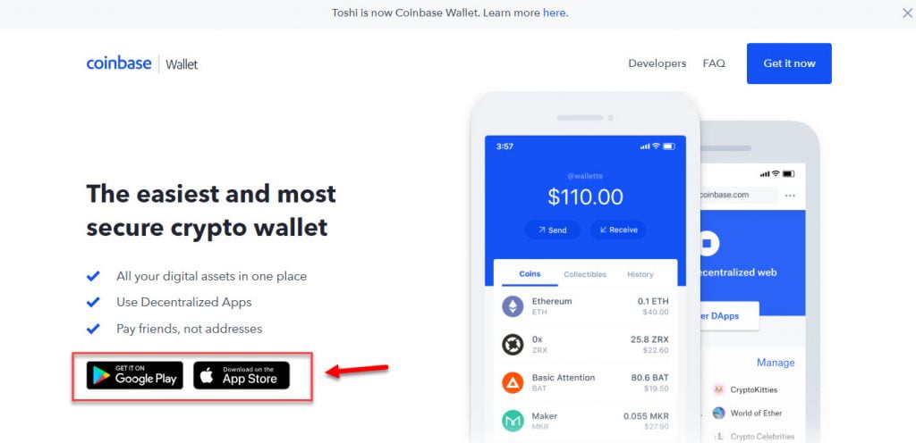 Кнопки для скачивания мобильного приложения Coinbase Wallet