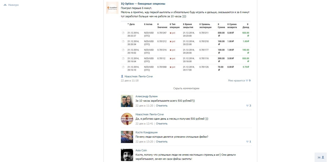 Отзыв трейдера о брокере бинарных опционов IQ Option  в ВКонтакте